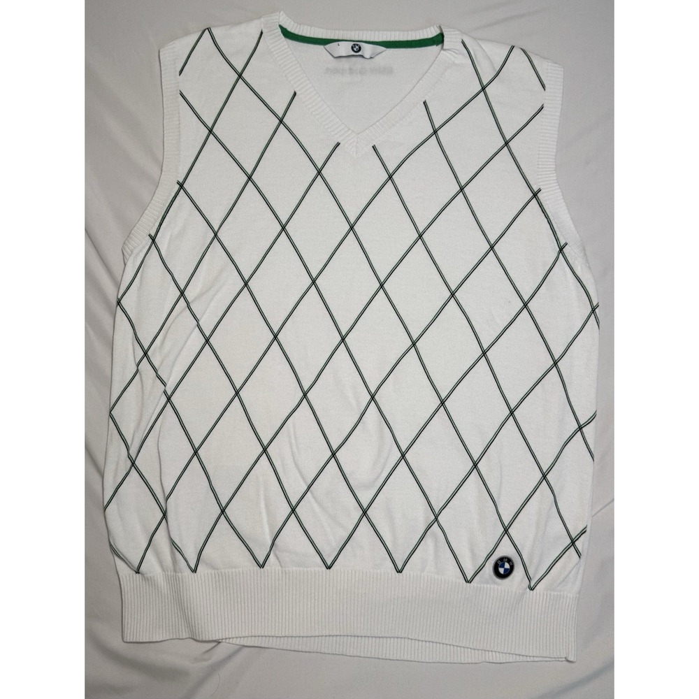 BMW Golfsport Classic Argyle V-Neck Sweater Vest Green White Striped Mens Size L